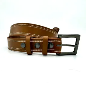 Double Stitched Men's Belt - Caramel Brown Vegetable Tanned Leather with Double Keepers