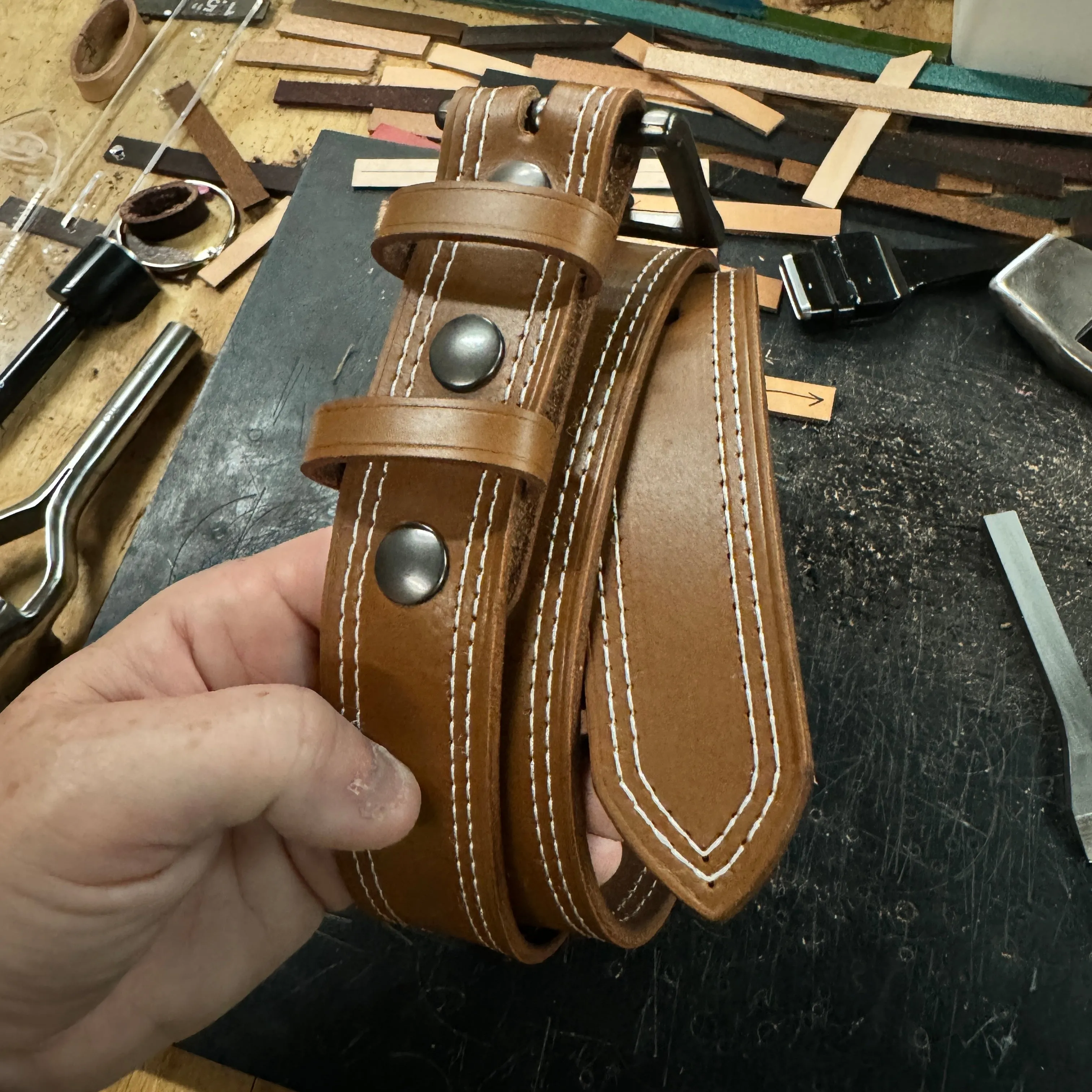 Double Stitched Men's Belt - Caramel Brown Vegetable Tanned Leather with Double Keepers