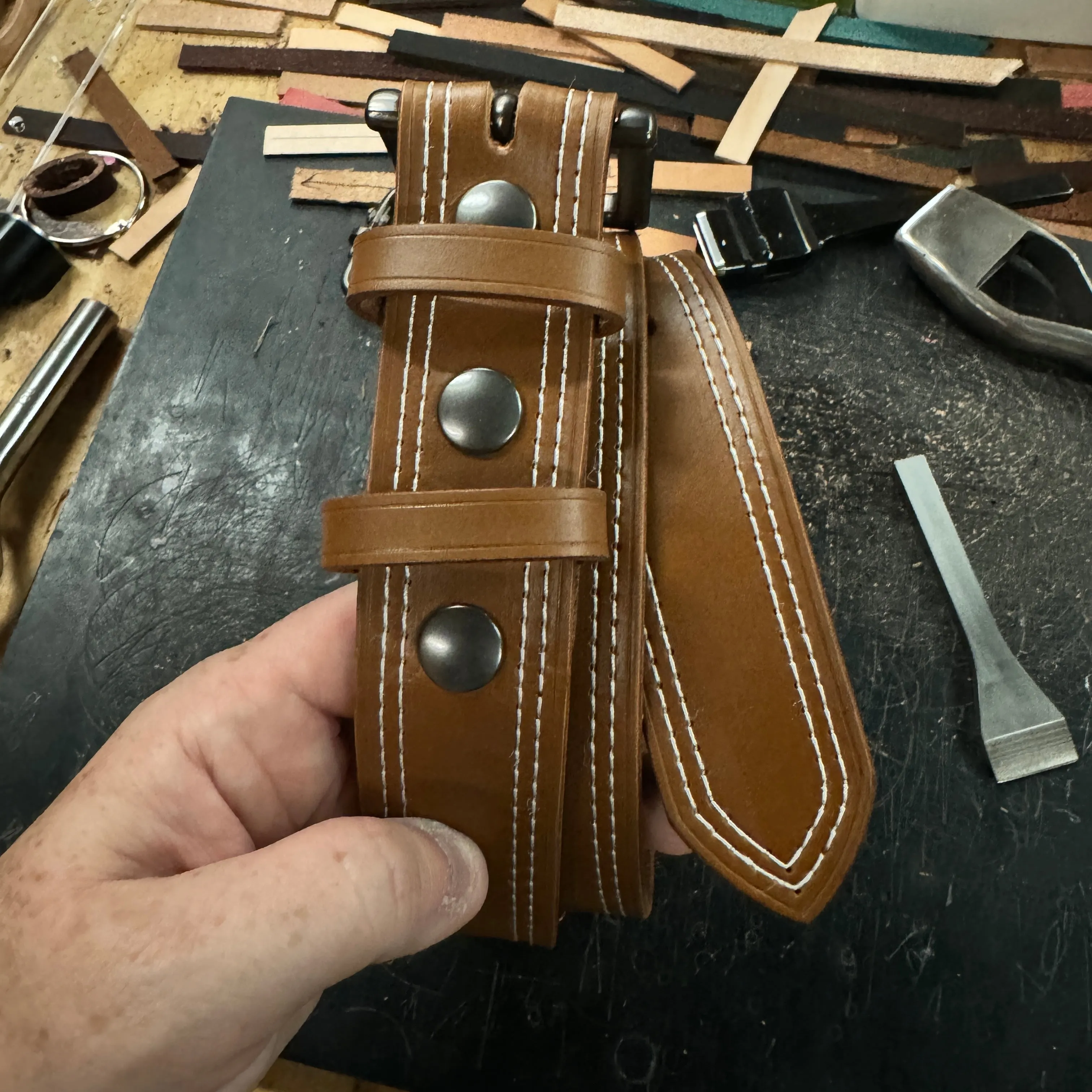 Double Stitched Men's Belt - Caramel Brown Vegetable Tanned Leather with Double Keepers