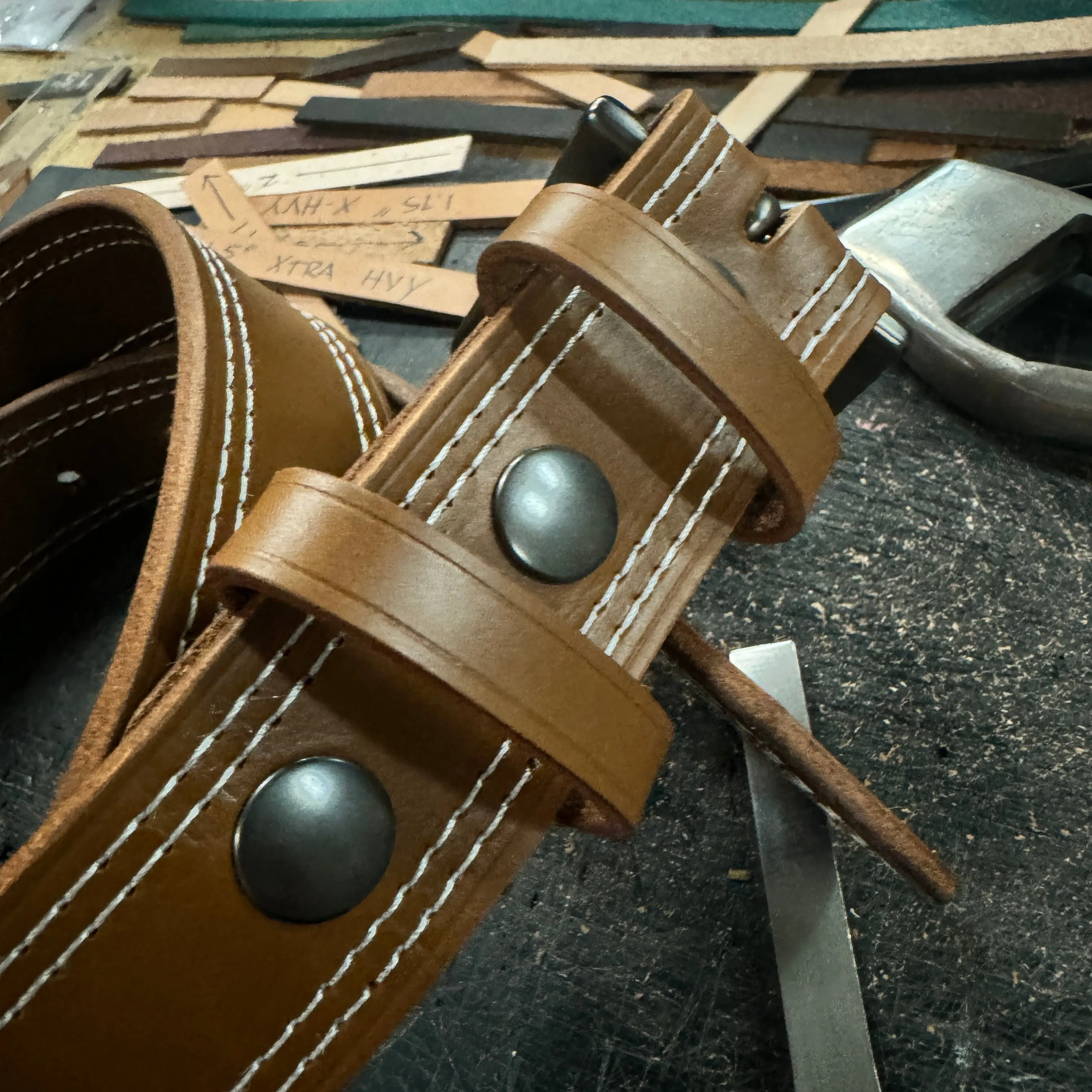 Double Stitched Men's Belt - Caramel Brown Vegetable Tanned Leather with Double Keepers