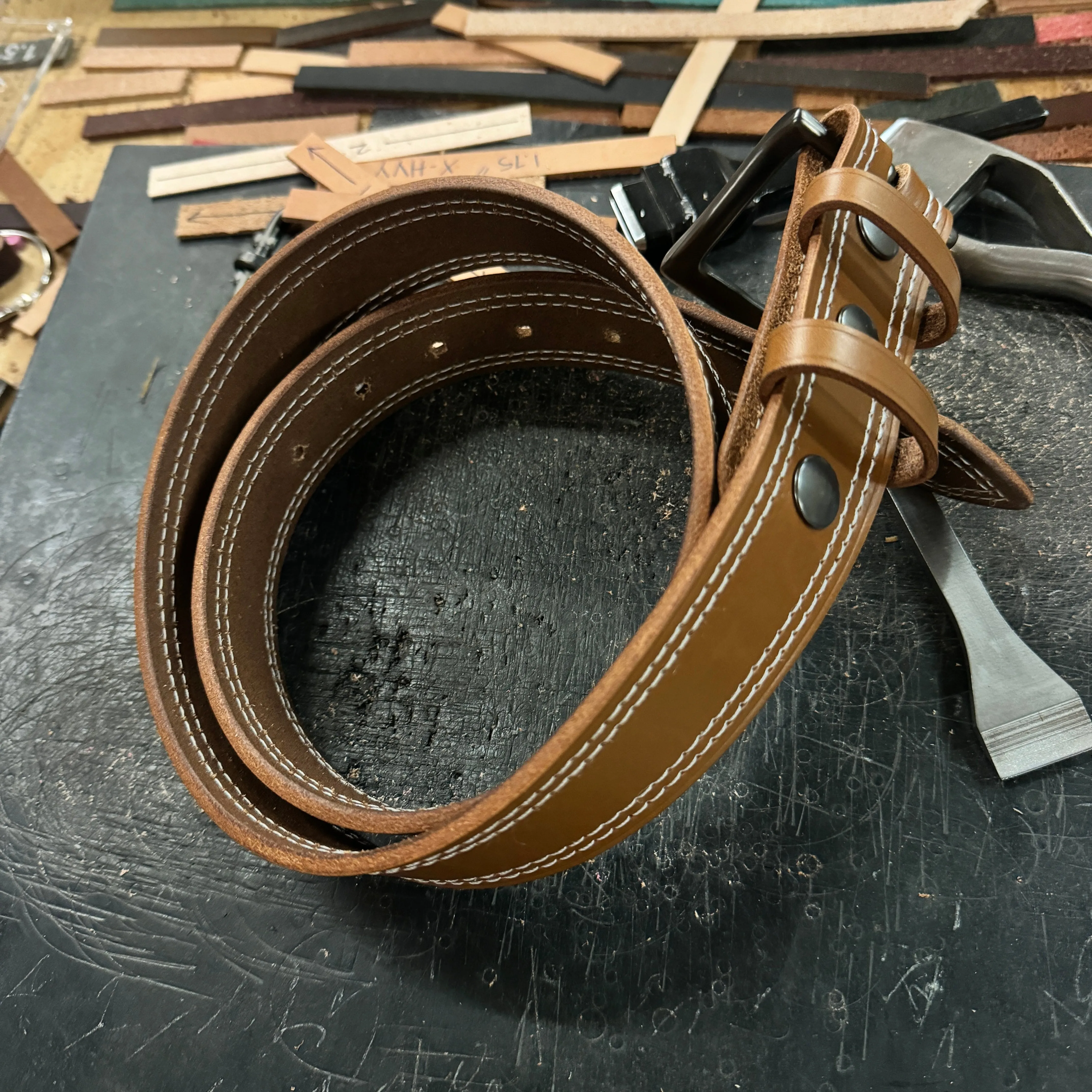 Double Stitched Men's Belt - Caramel Brown Vegetable Tanned Leather with Double Keepers