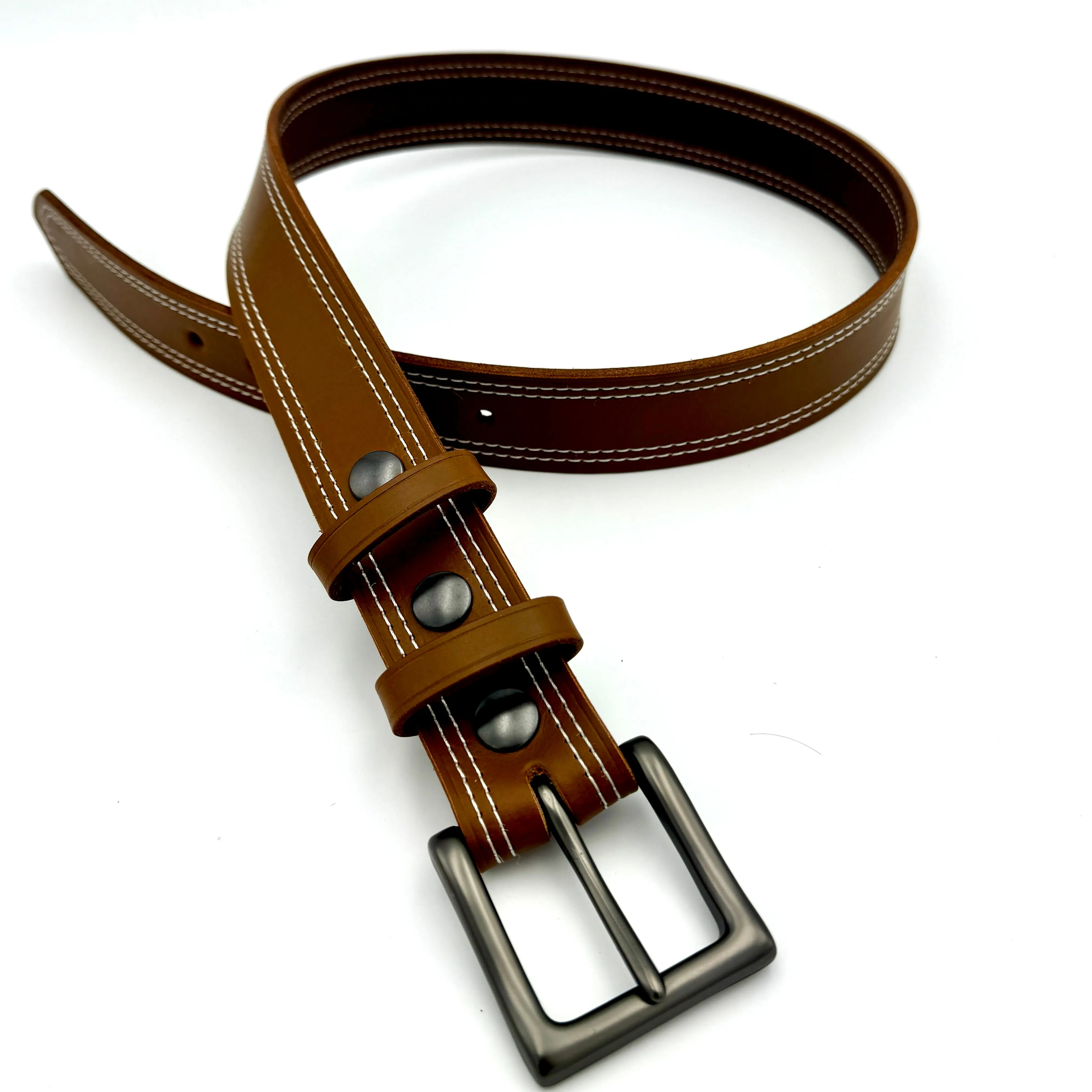 Double Stitched Men's Belt - Caramel Brown Vegetable Tanned Leather with Double Keepers