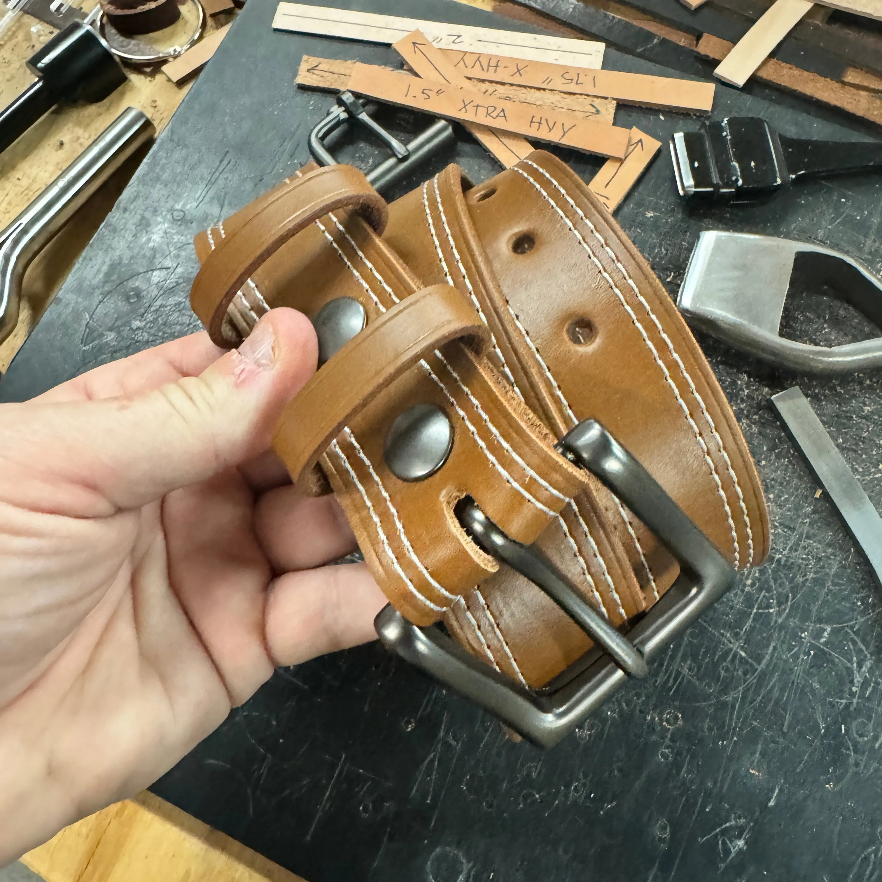 Double Stitched Men's Belt - Caramel Brown Vegetable Tanned Leather with Double Keepers