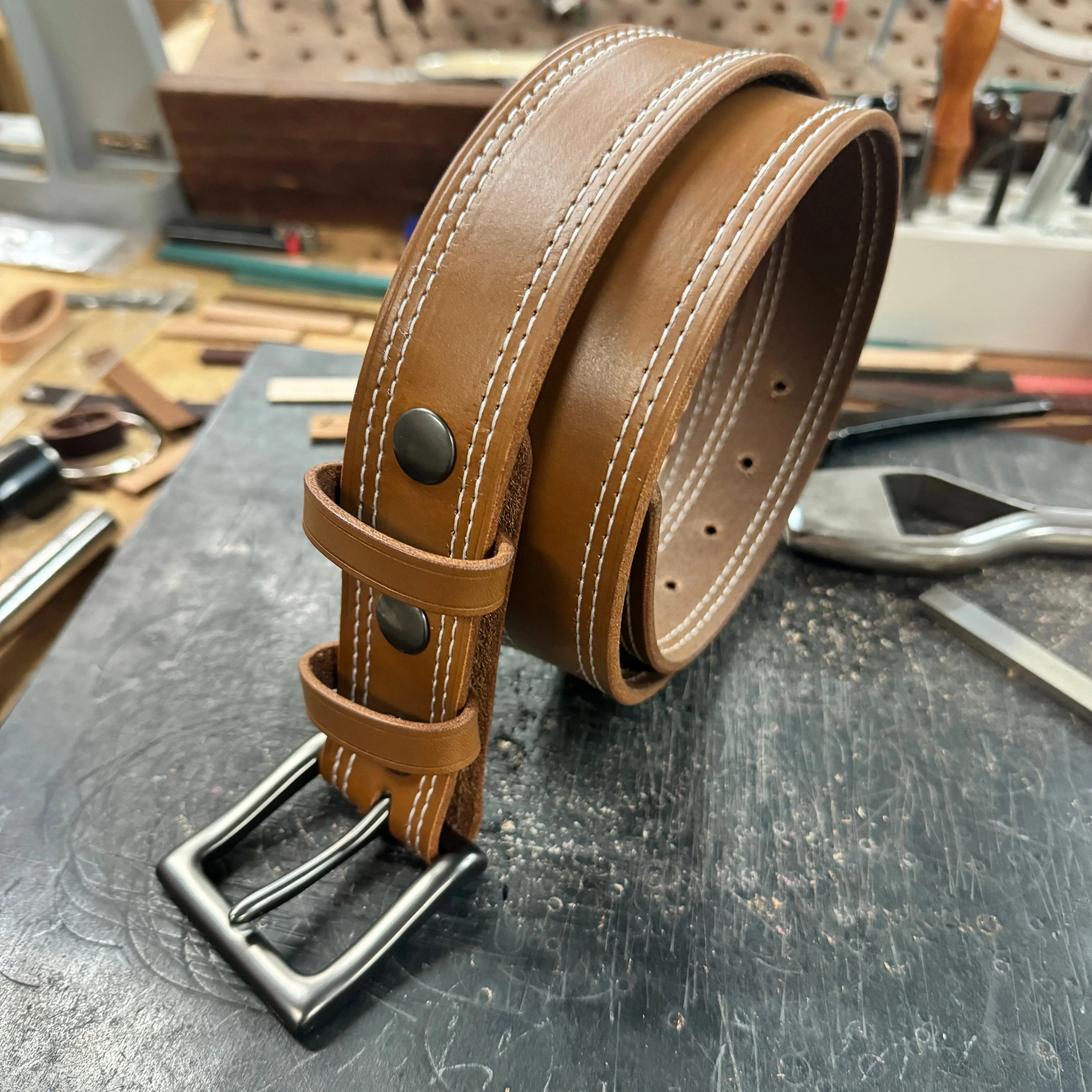 Double Stitched Men's Belt - Caramel Brown Vegetable Tanned Leather with Double Keepers