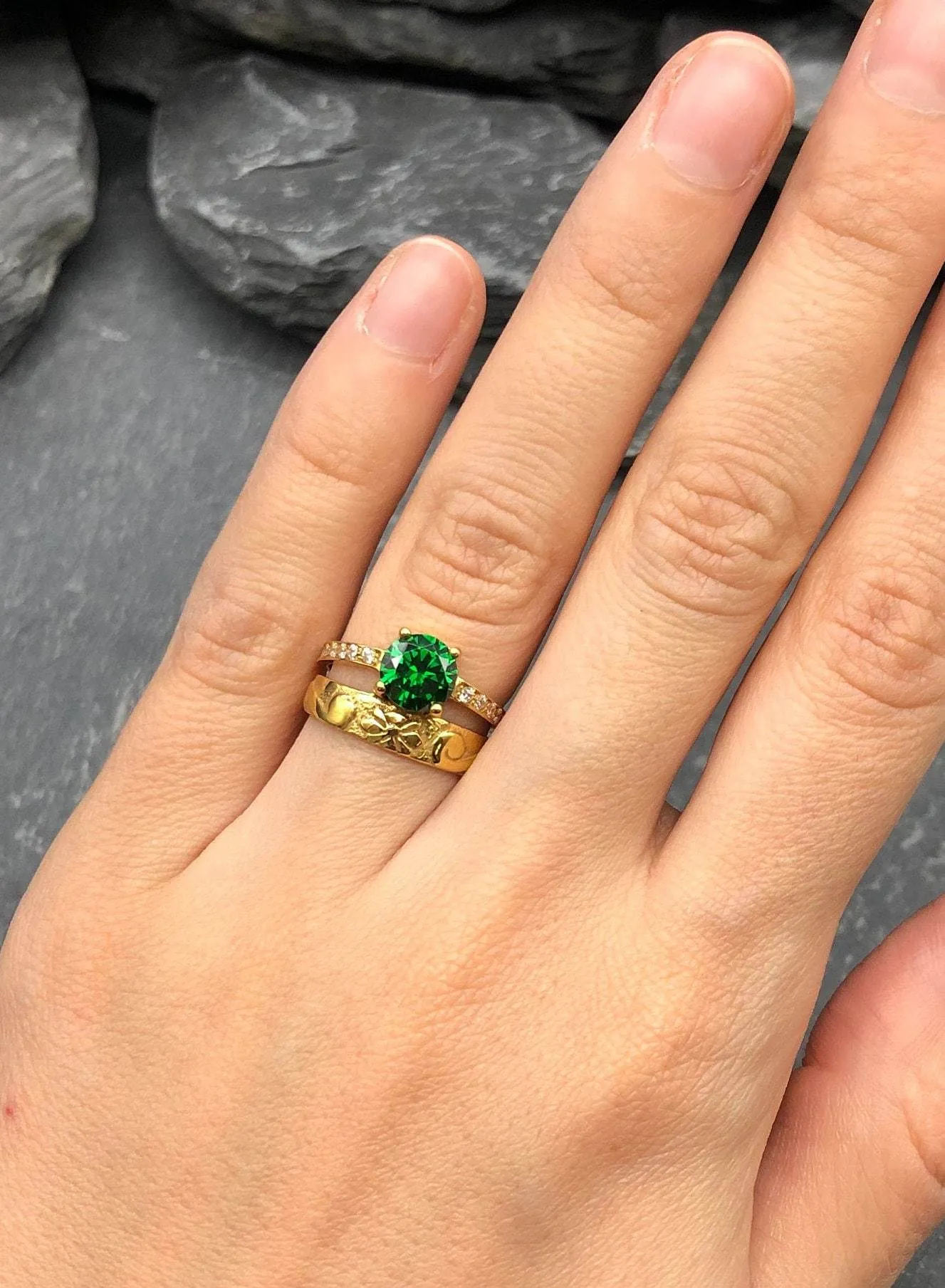 Emerald Double Band Gold Ring, Solitaire Ring Gold Ring, Vintage Emerald Band