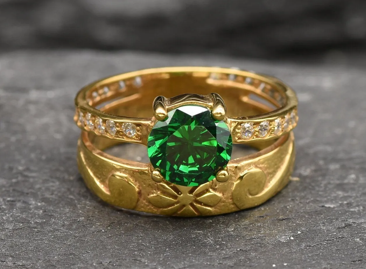 Emerald Double Band Gold Ring, Solitaire Ring Gold Ring, Vintage Emerald Band