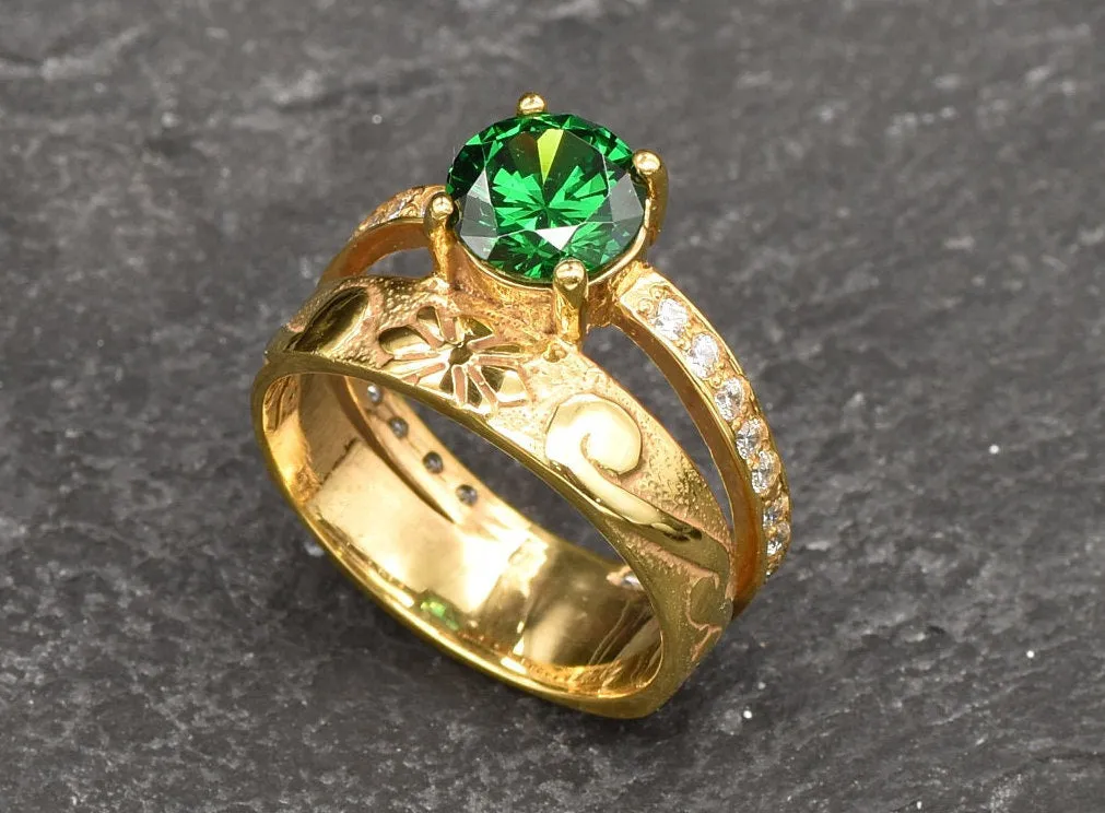 Emerald Double Band Gold Ring, Solitaire Ring Gold Ring, Vintage Emerald Band