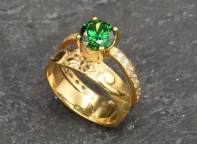 Emerald Double Band Gold Ring, Solitaire Ring Gold Ring, Vintage Emerald Band