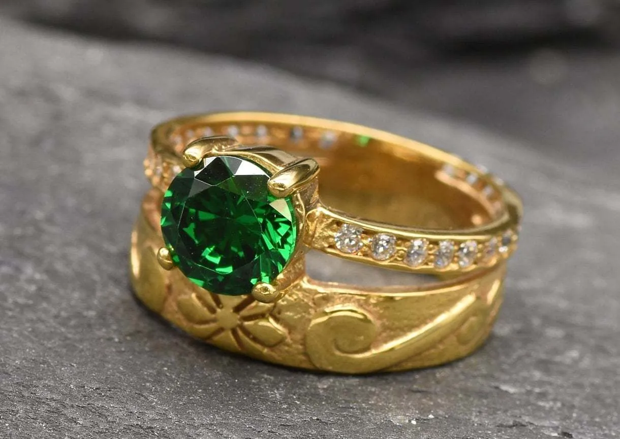 Emerald Double Band Gold Ring, Solitaire Ring Gold Ring, Vintage Emerald Band