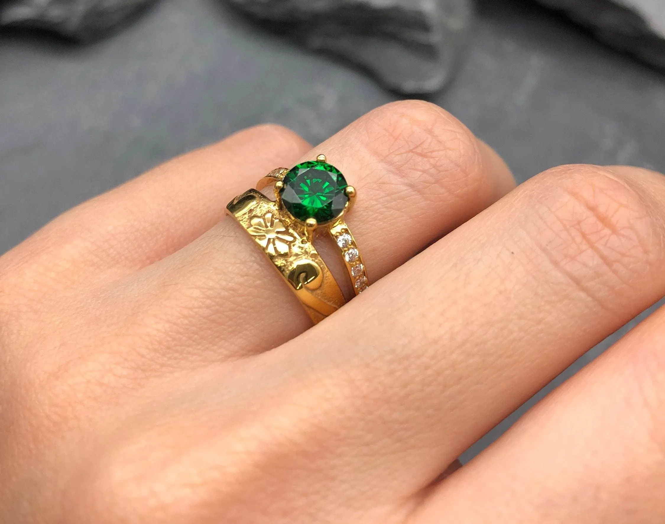Emerald Double Band Gold Ring, Solitaire Ring Gold Ring, Vintage Emerald Band
