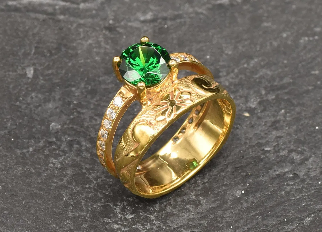 Emerald Double Band Gold Ring, Solitaire Ring Gold Ring, Vintage Emerald Band