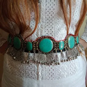 Ethnic Tribal Green Stones Belt With Silver Bells