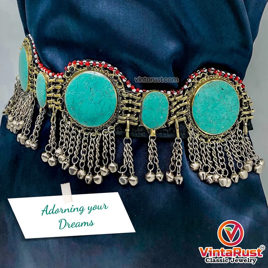 Ethnic Tribal Green Stones Belt With Silver Bells