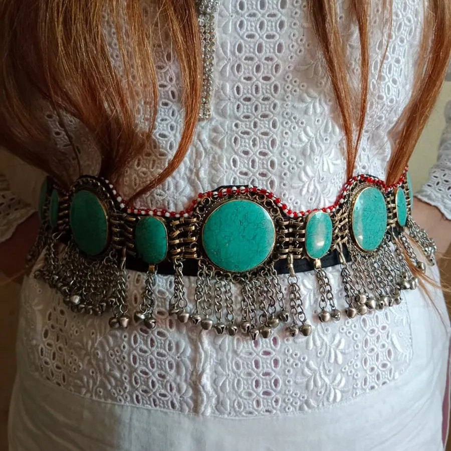Ethnic Tribal Green Stones Belt With Silver Bells