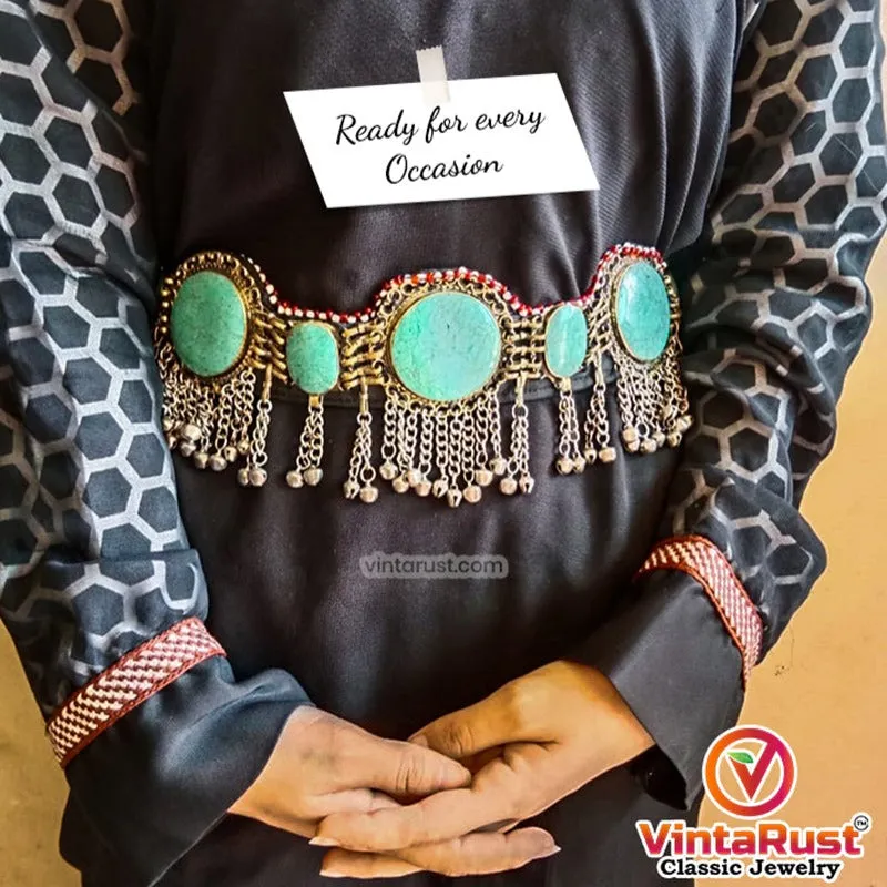 Ethnic Tribal Green Stones Belt With Silver Bells