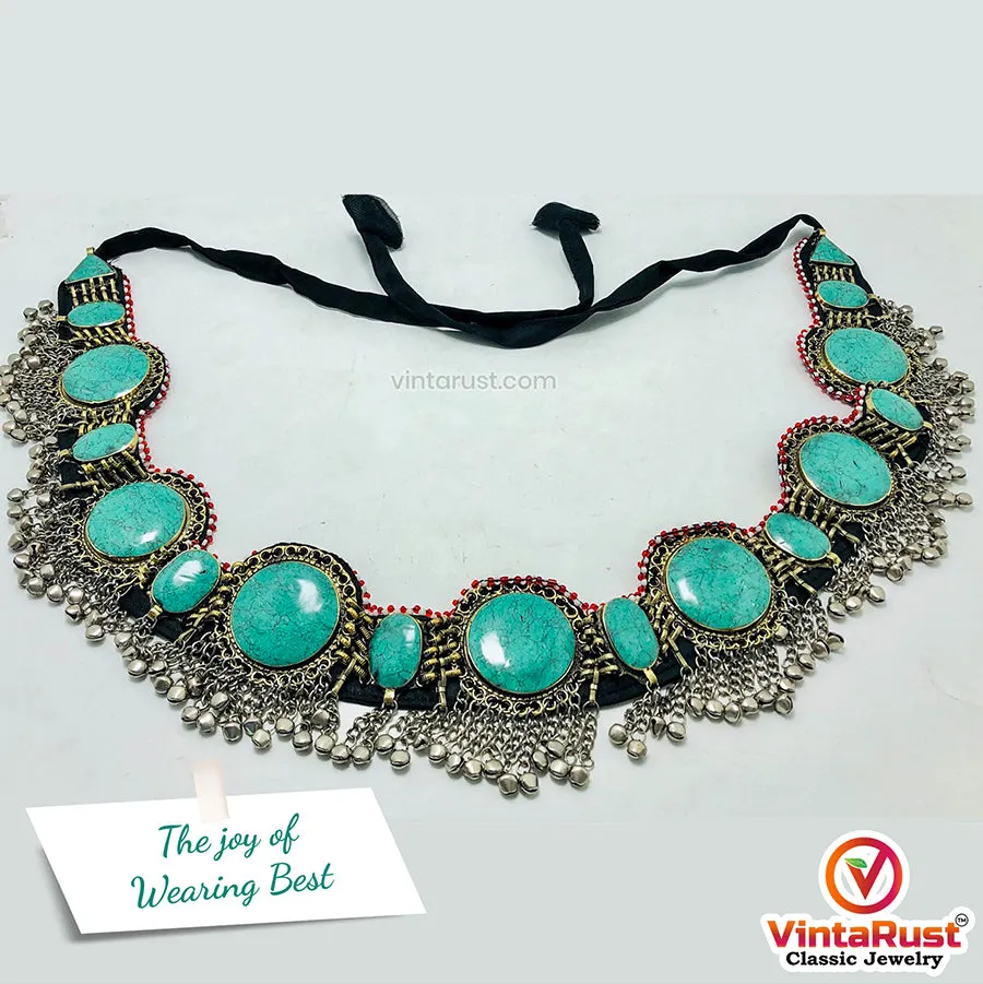 Ethnic Tribal Green Stones Belt With Silver Bells