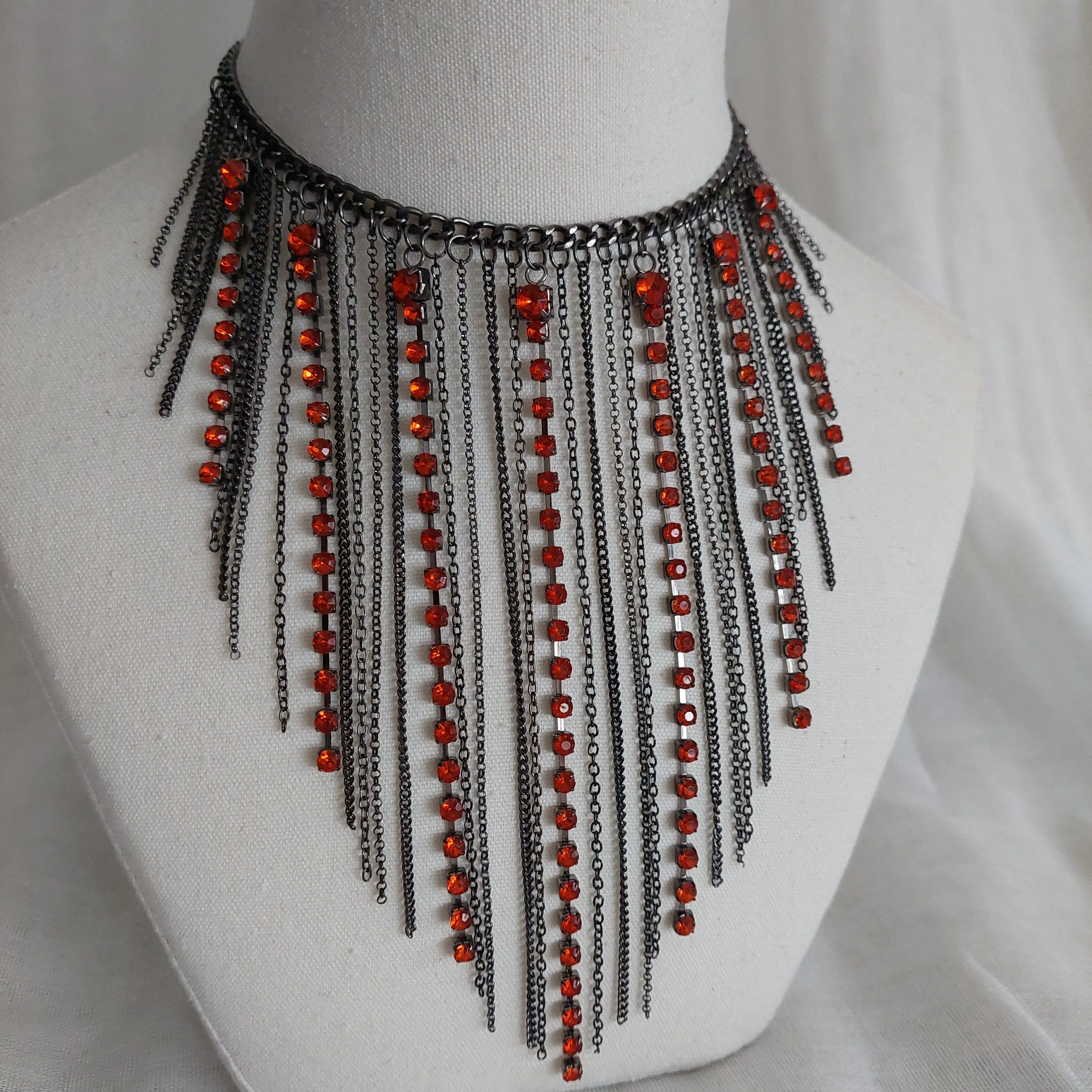 Gunmetal color high quality stainless steel  tassel red rhinestone statement necklace