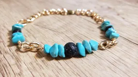 Hand Crafted All Natural, Blue Howlite Gemstone & Gold Tone Chain Bracelet with Lava Rocks. Non Tarnish & Fully Adjustable to 8.5" with Lobster Claw Clasp