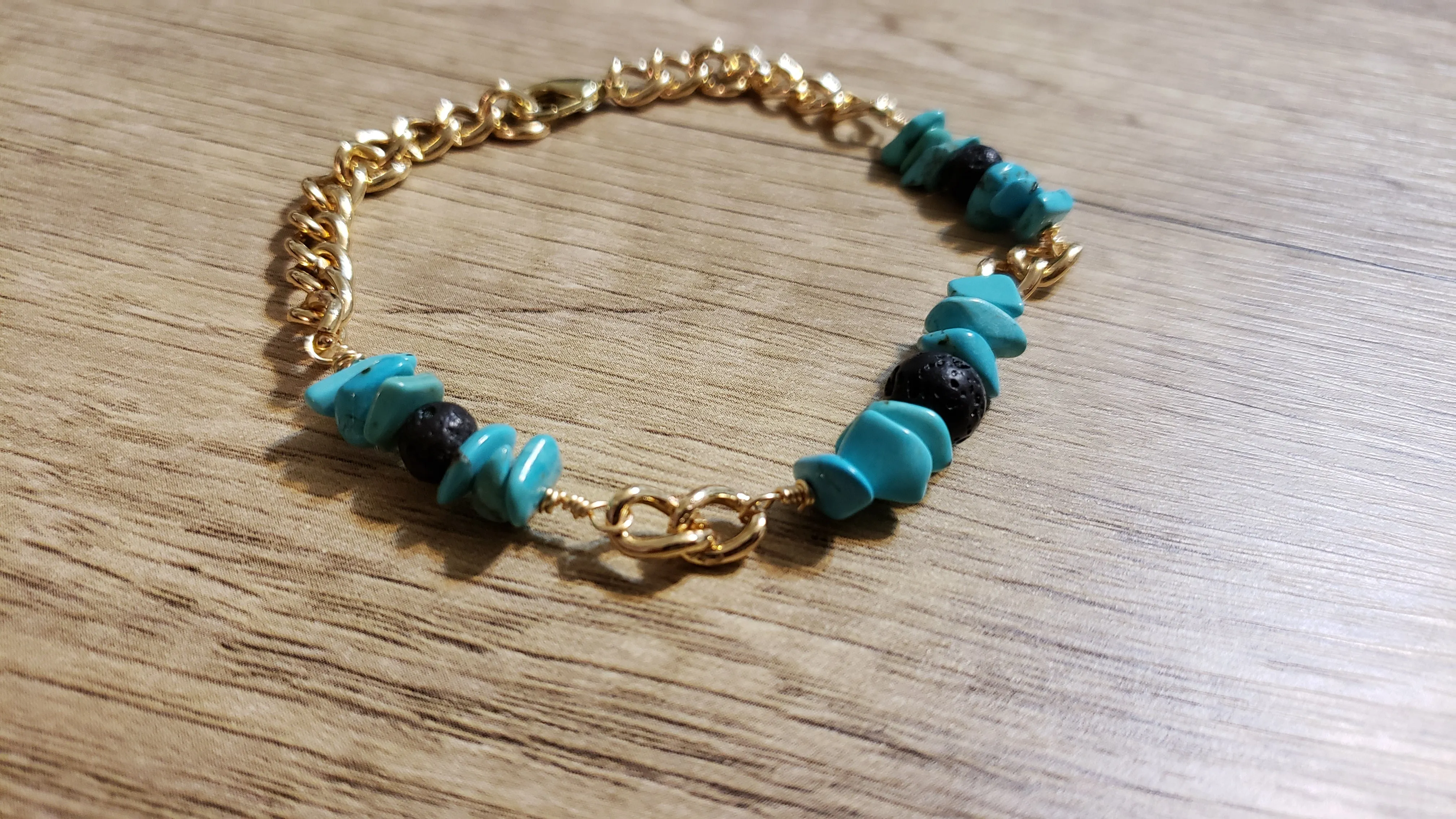 Hand Crafted All Natural, Blue Howlite Gemstone & Gold Tone Chain Bracelet with Lava Rocks. Non Tarnish & Fully Adjustable to 8.5" with Lobster Claw Clasp