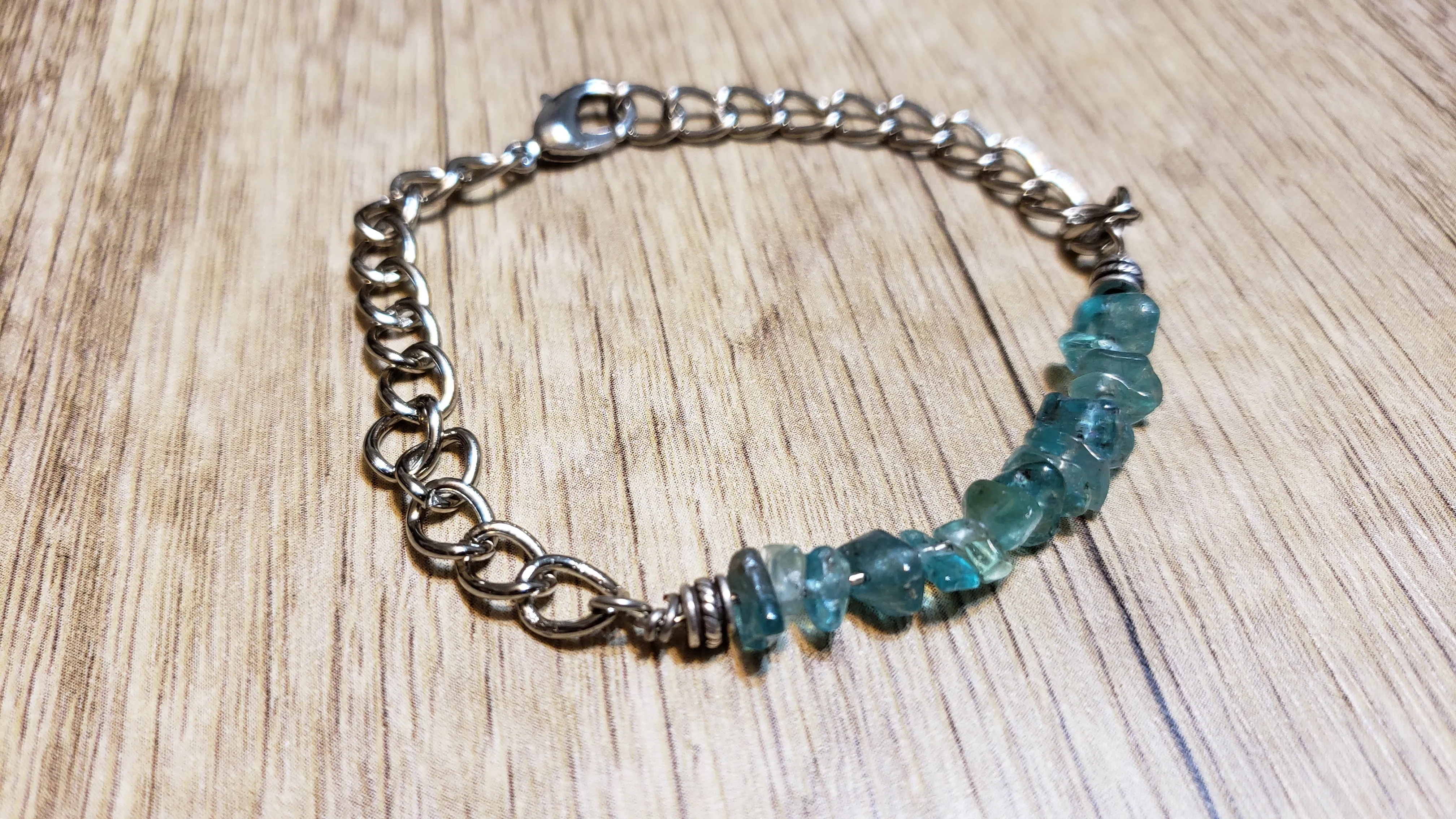 Hand Crafted All Natural Paraiba Apatite Gemstone & Chain Adjustable to 8" Bracelet with Lobster Claw Clasp