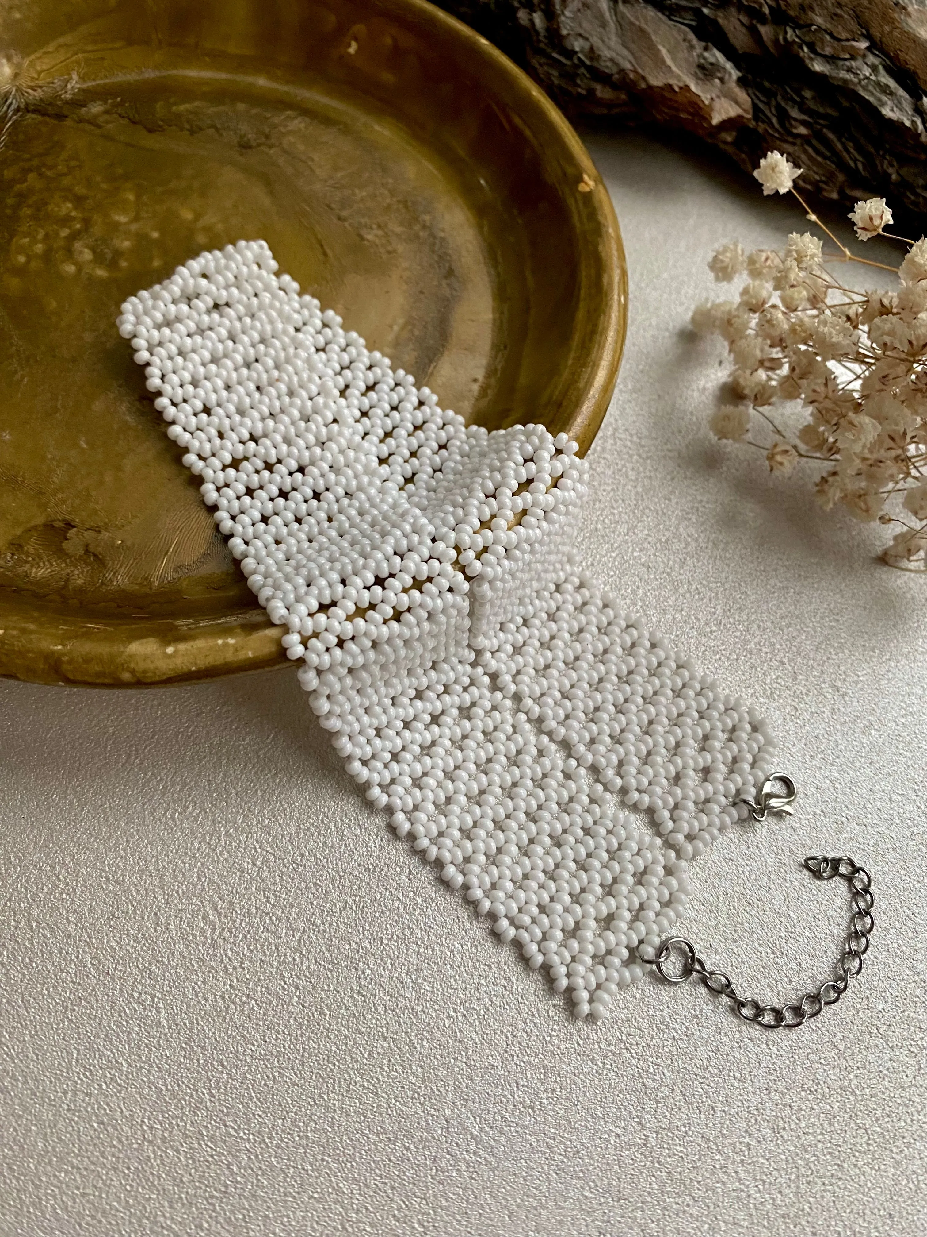 Handmade Wide White Seed Bead Choker Necklace for Women in Boho Hippie style, Wedding Thick Choker Collar, Cute choker, Bride Lace choker, Sexy choker