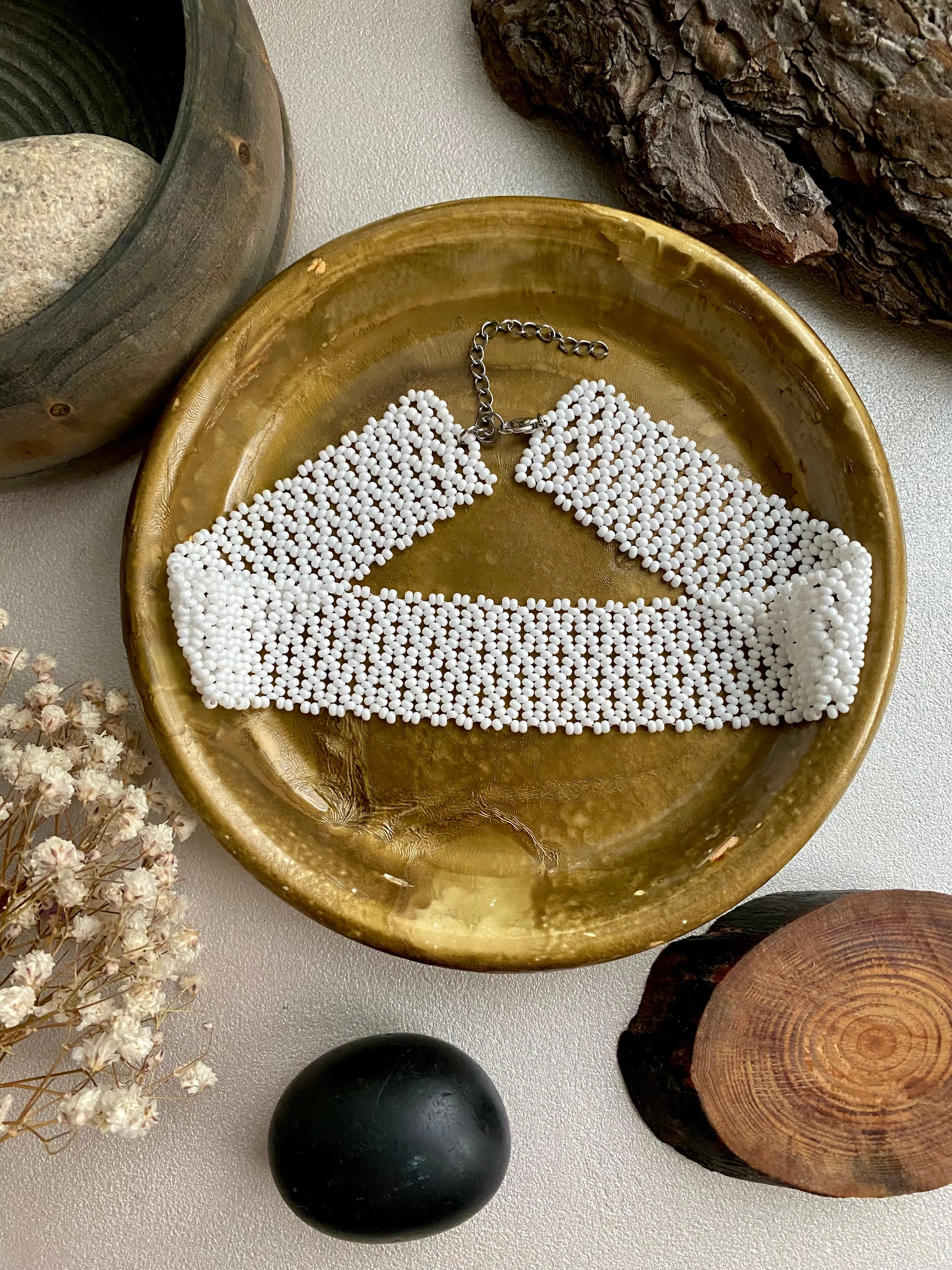 Handmade Wide White Seed Bead Choker Necklace for Women in Boho Hippie style, Wedding Thick Choker Collar, Cute choker, Bride Lace choker, Sexy choker