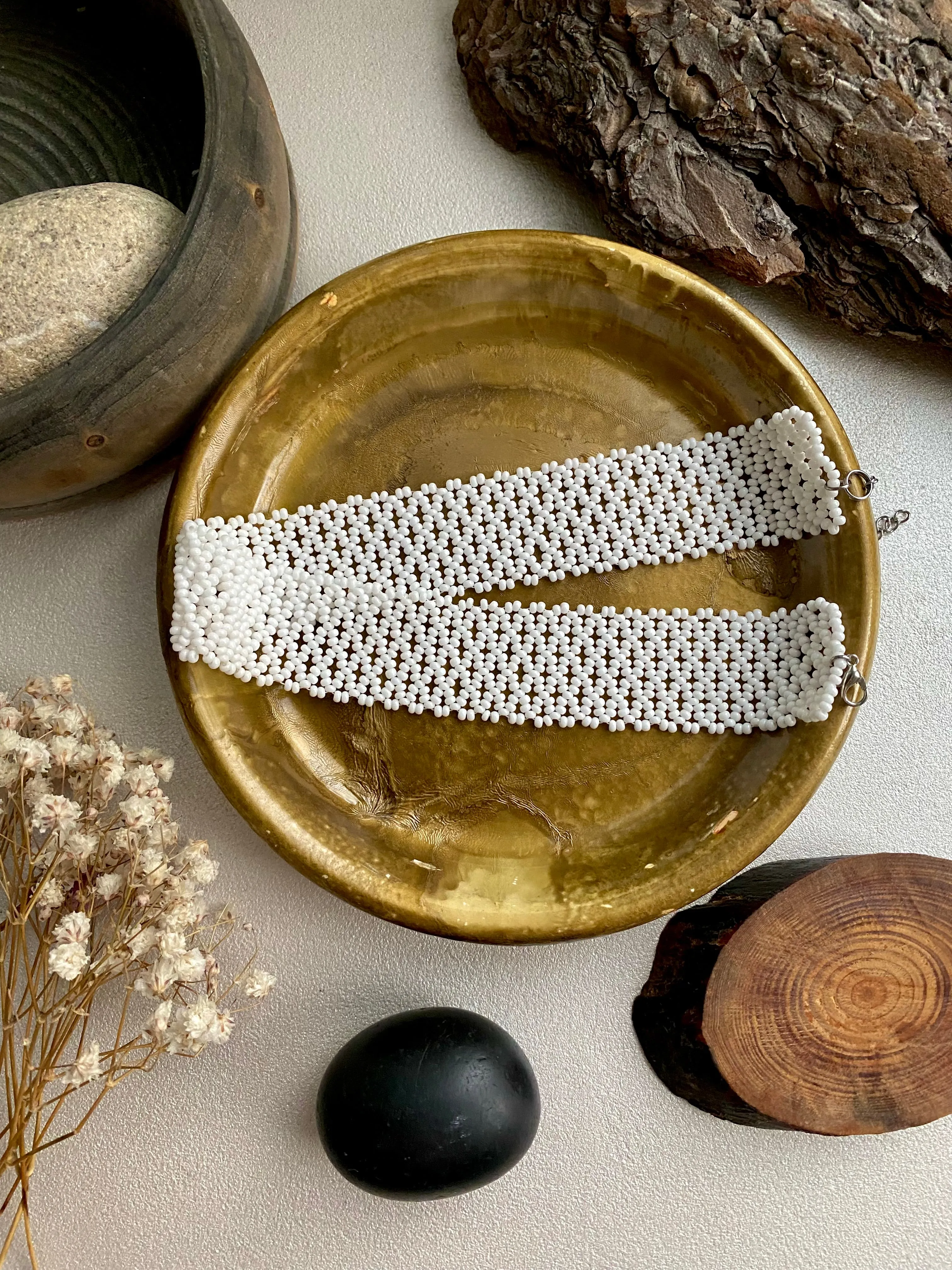 Handmade Wide White Seed Bead Choker Necklace for Women in Boho Hippie style, Wedding Thick Choker Collar, Cute choker, Bride Lace choker, Sexy choker