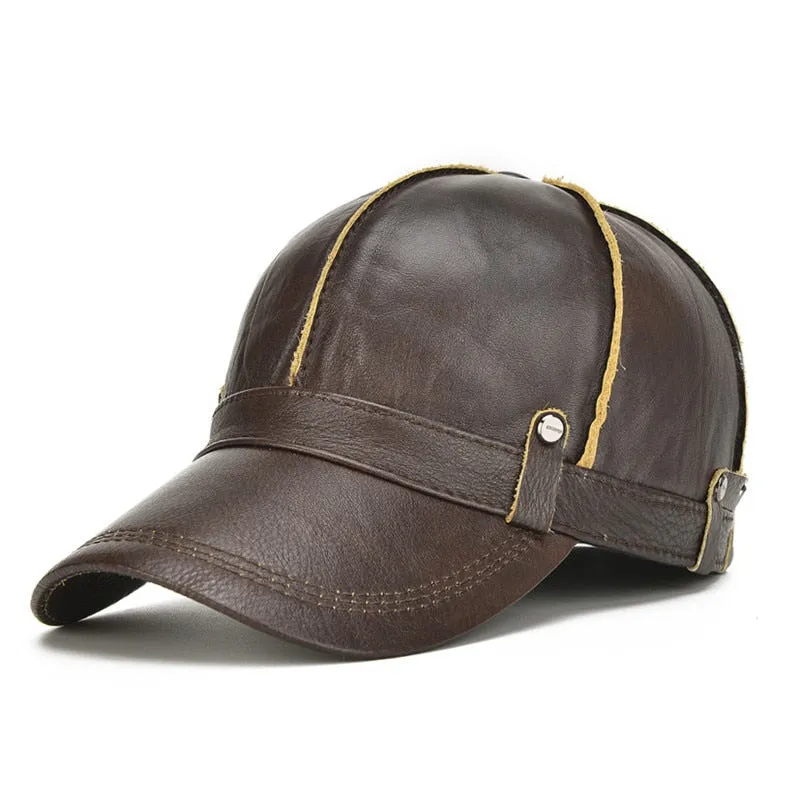 High Quality Cowhide Genuine Leather Baseball Cap Men Winter Gorras Para Hombre Snapback Casquette Winter Trucker Cap