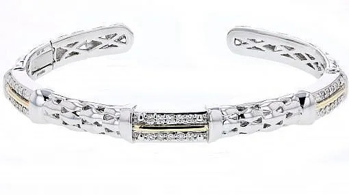 Italian sterling silver bangle bracelet with 0.45ct diamonds and solid 14K yellow gold accents