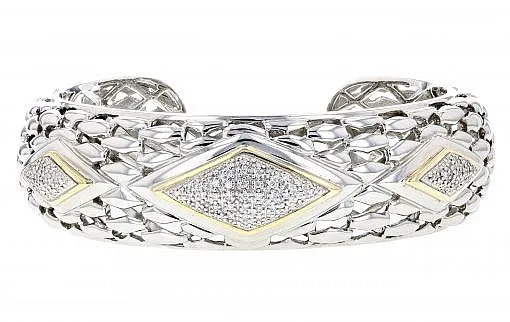 Italian Sterling Silver Bangle Bracelet with 0.50ct.diamonds and 14K solid yellow gold accents