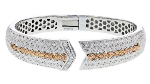 Italian Sterling Silver Bangle Bracelet with .19ct. diamonds and 14K solid rose gold accents