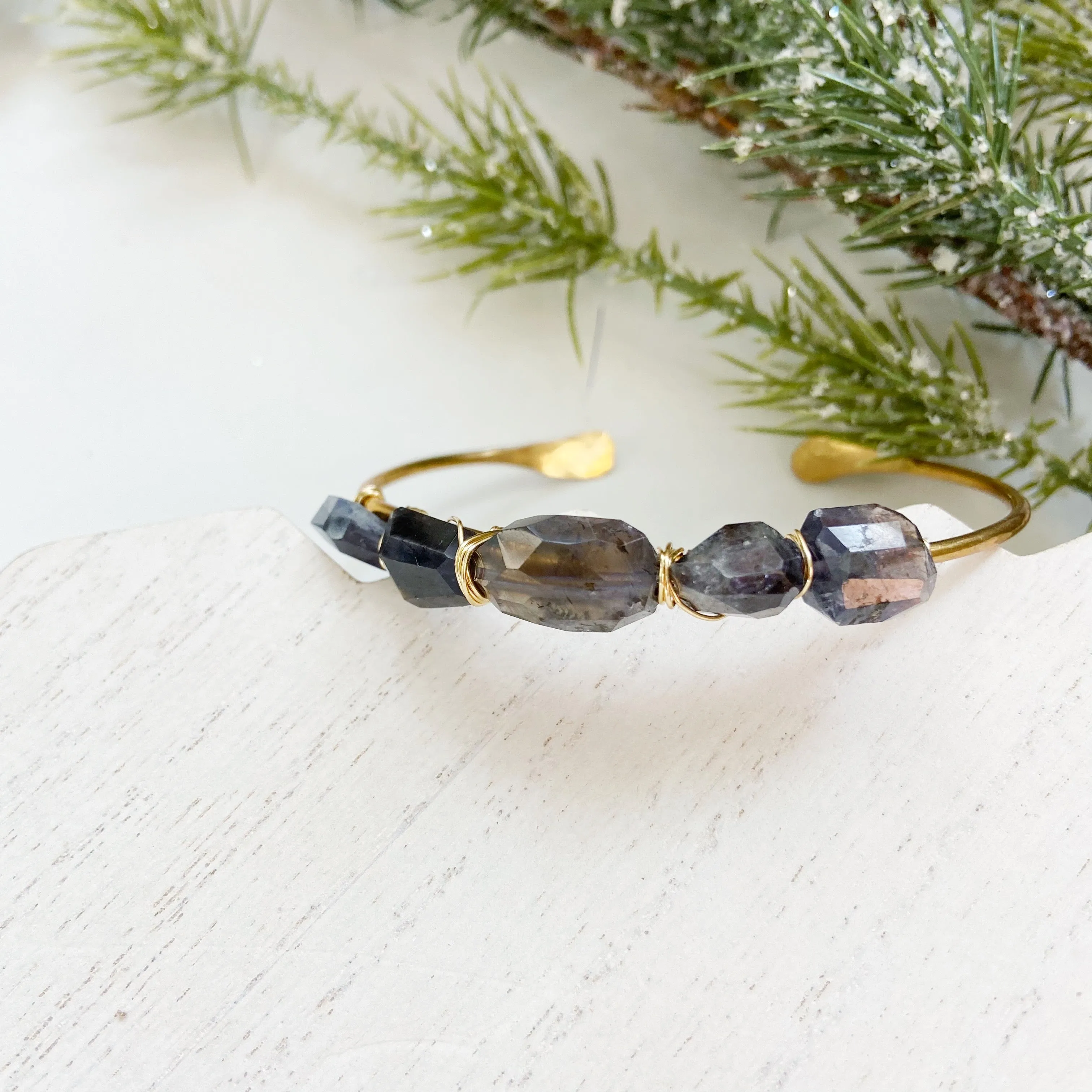 Kassia - Blue or Green Labradorite Brass Cuff