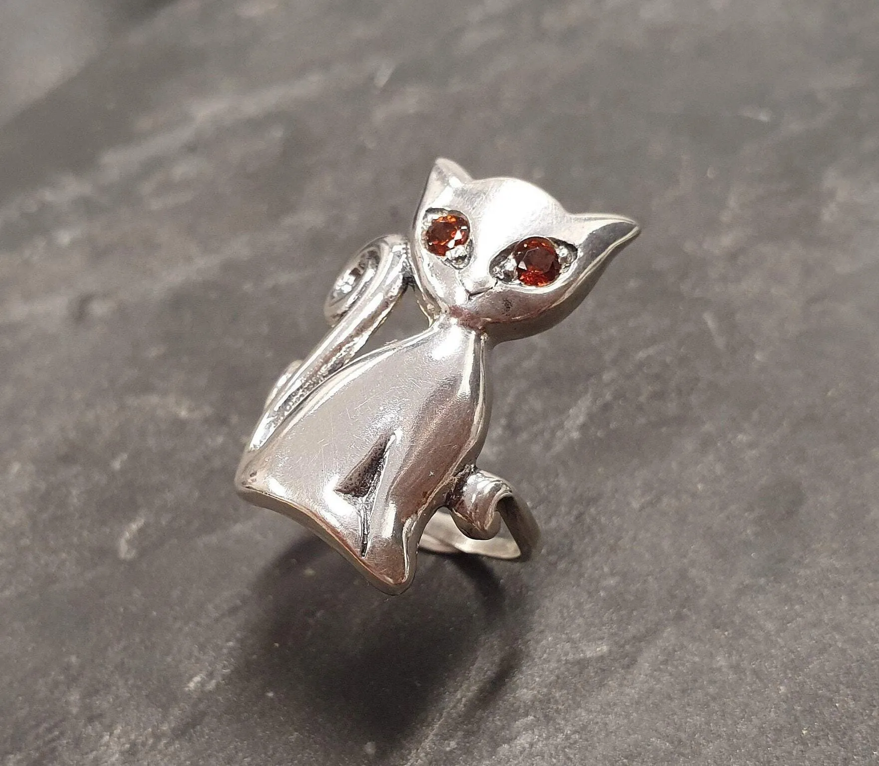 Large Cat Ring - Red Garnet Ring - Silver Cat Ring