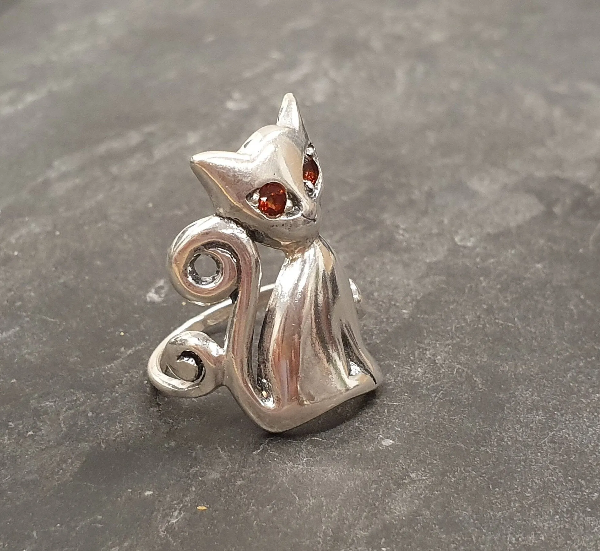 Large Cat Ring - Red Garnet Ring - Silver Cat Ring