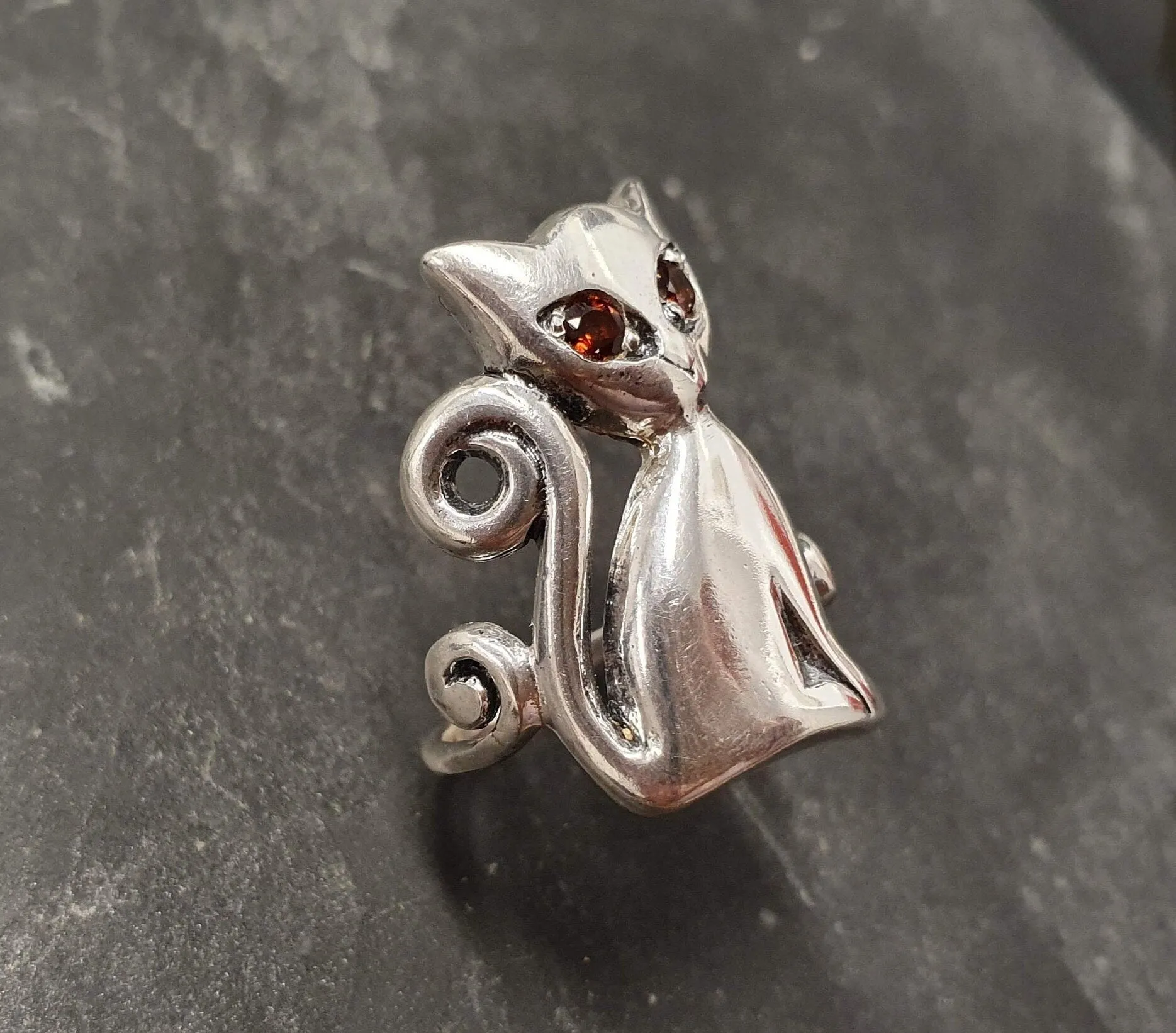 Large Cat Ring - Red Garnet Ring - Silver Cat Ring