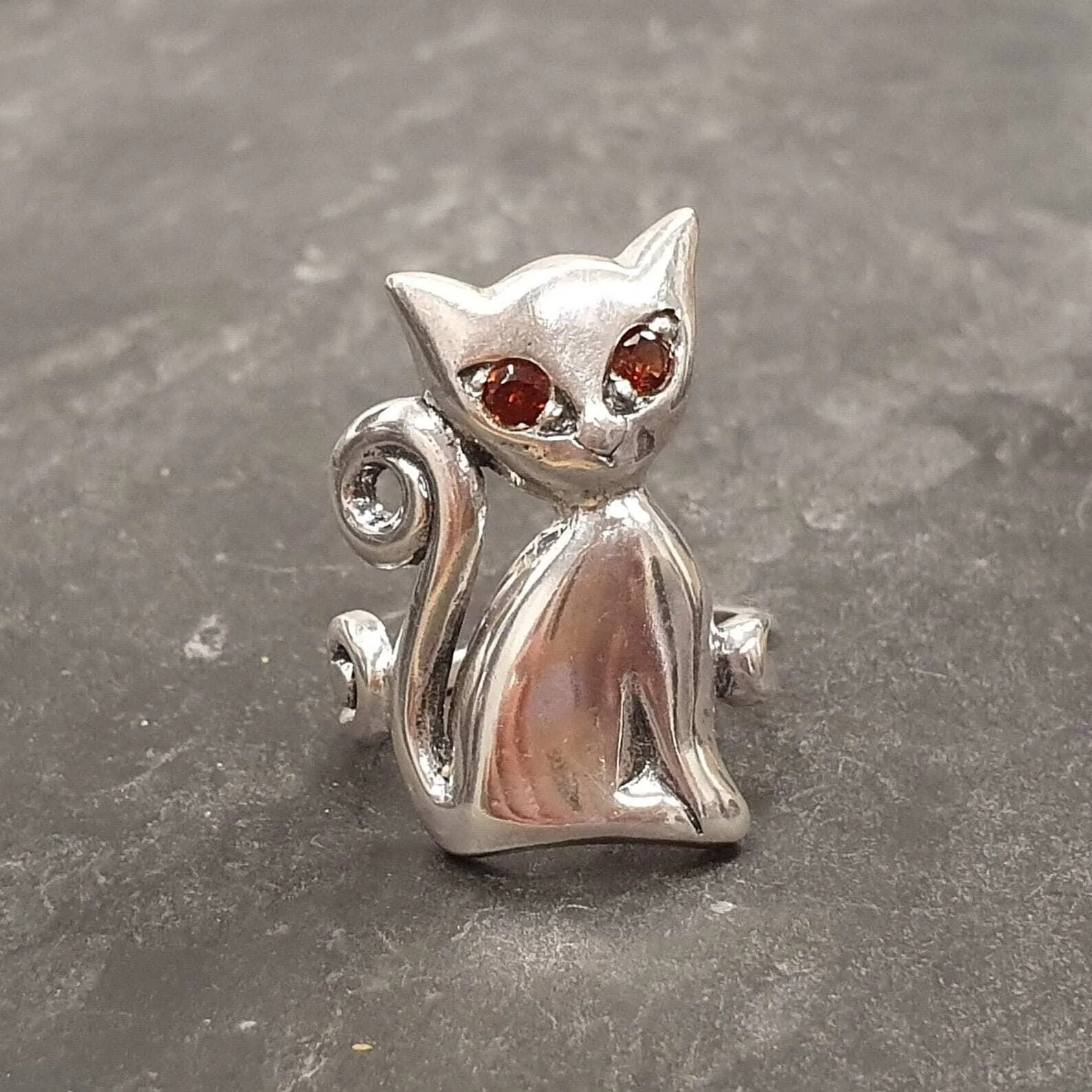 Large Cat Ring - Red Garnet Ring - Silver Cat Ring