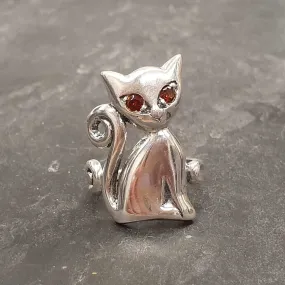 Large Cat Ring - Red Garnet Ring - Silver Cat Ring