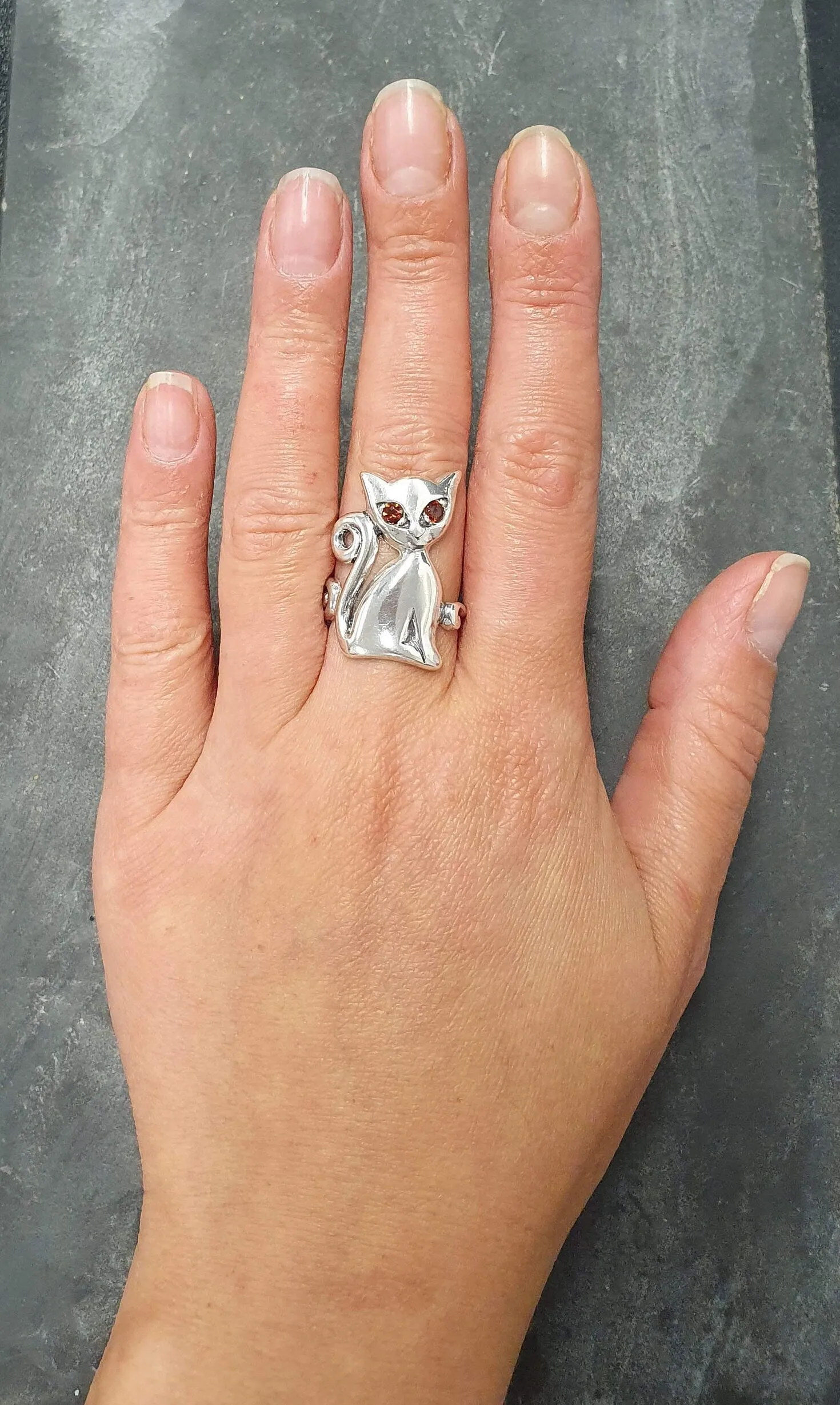 Large Cat Ring - Red Garnet Ring - Silver Cat Ring