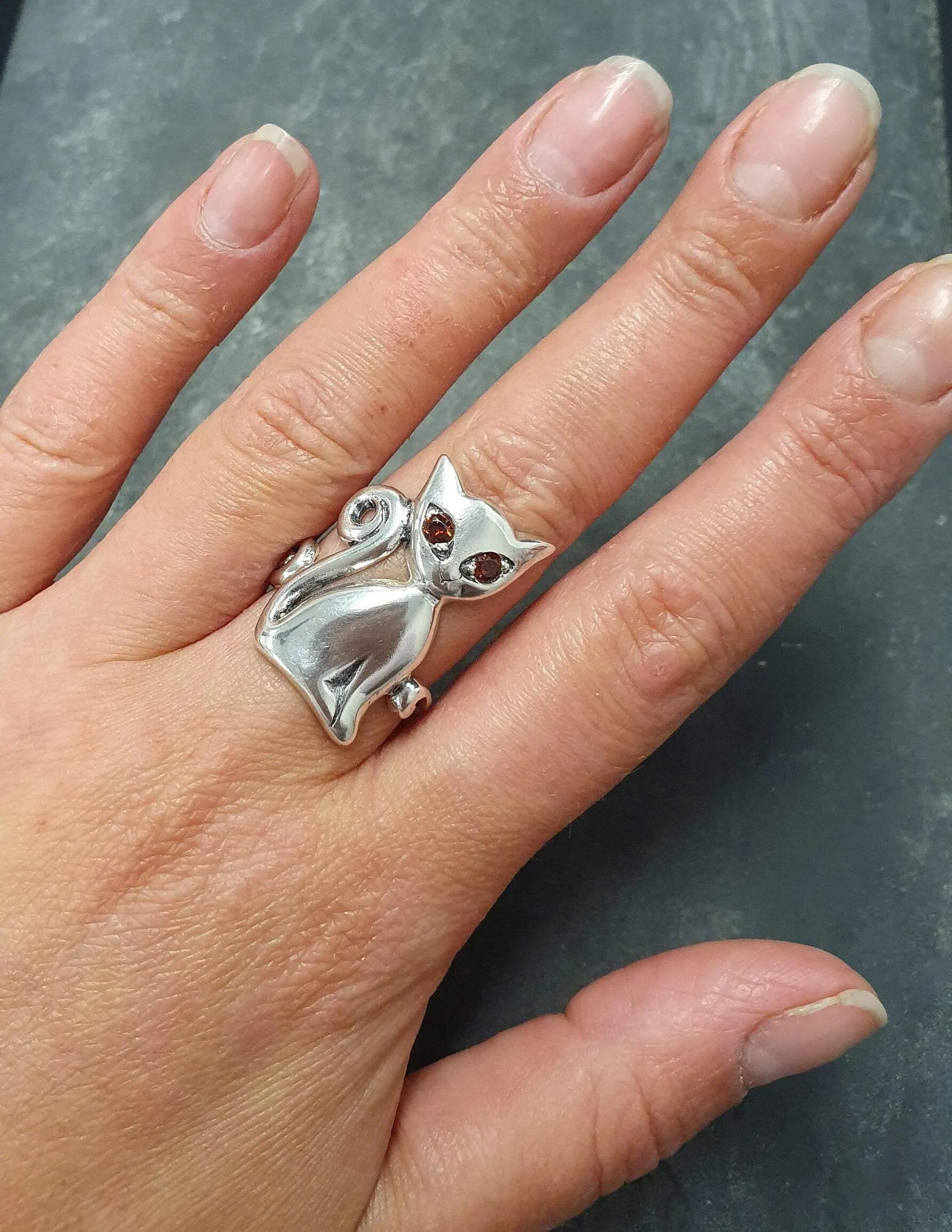 Large Cat Ring - Red Garnet Ring - Silver Cat Ring