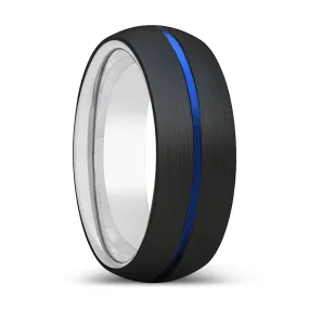 Masato Black Domed Tungsten Ring with Blue Grooved Center - 6mm & 8mm