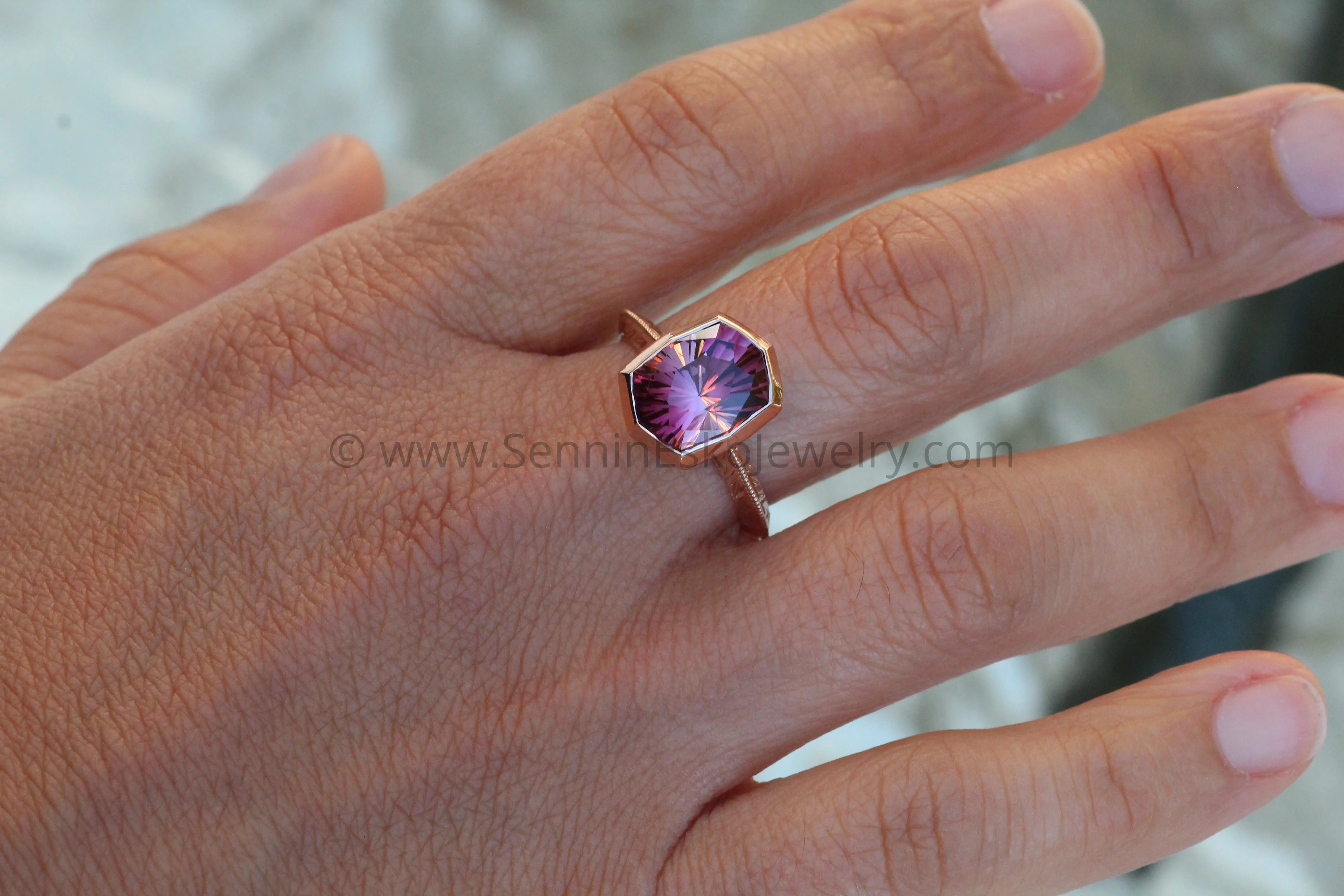 Medium/Heavy Weight Engraved Solitaire Bezel Ring Setting - Malkhan Tourmaline Depicted (Setting Only, Center Stone Sold Separately)