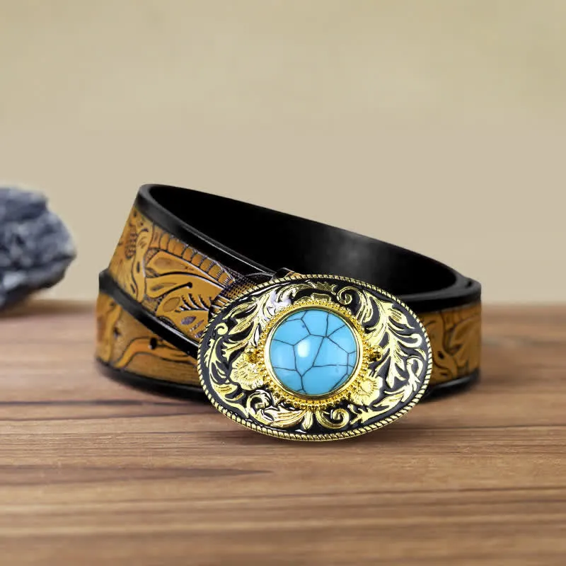 Men's DIY Gold Tone Faux Turquoise Ruby Buckle Leather Belt