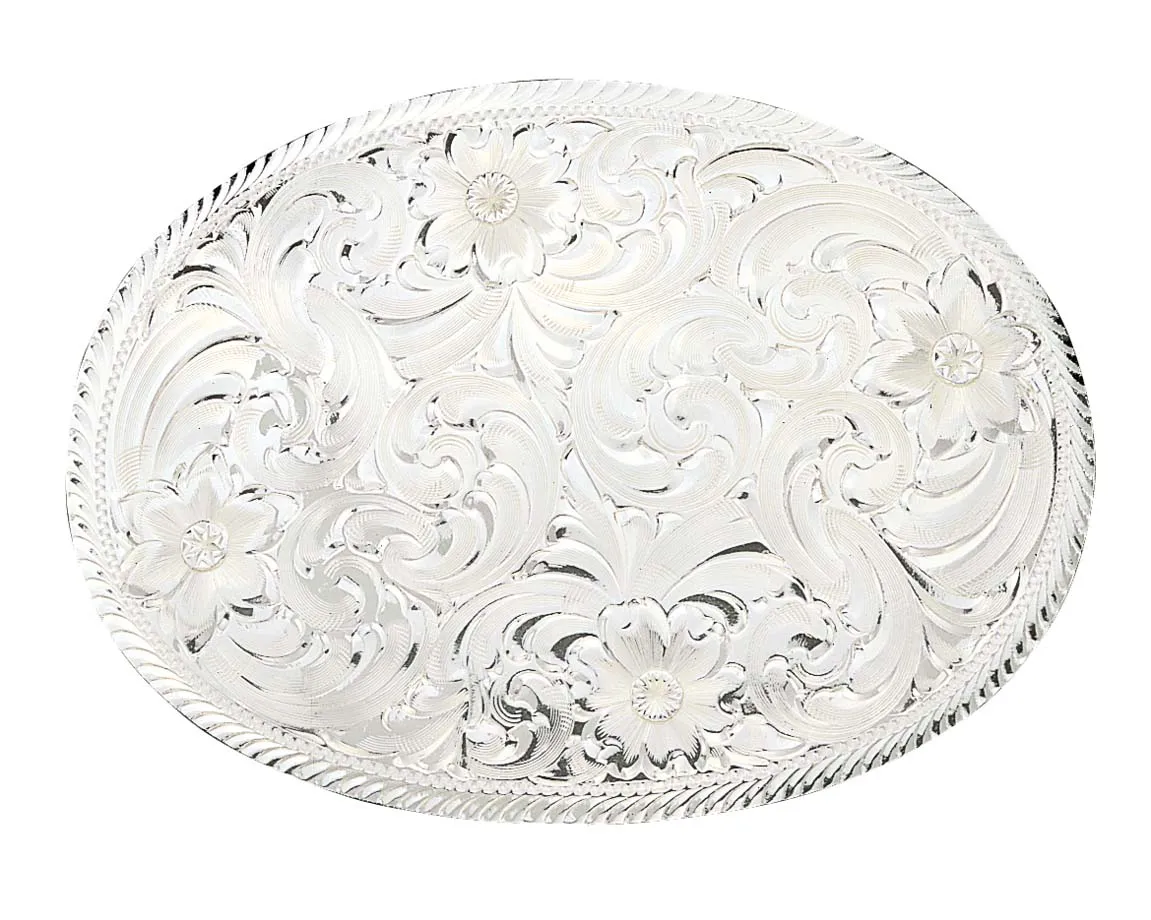Montana Silversmiths Oval Silver Engraved Western Belt Buckle with Etched Trim