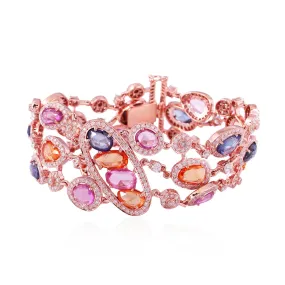 Oval Cut Rainbow Sapphire Pave Diamond Studded Fixed & Flexible Bracelet In 18K Rose Gold