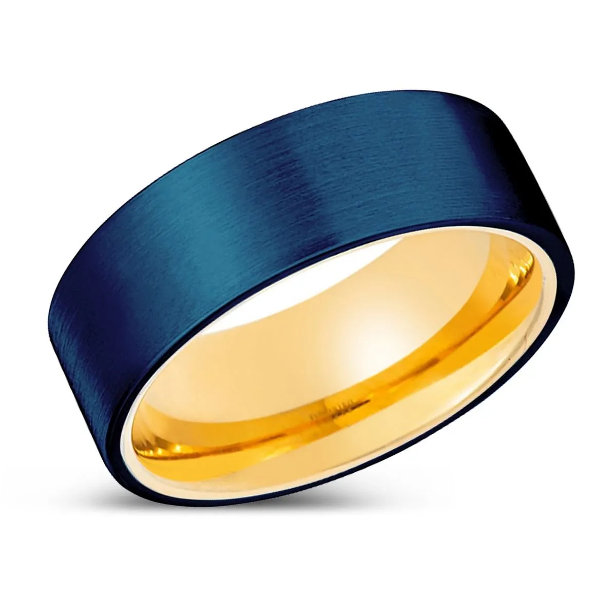 PRISTINE | Gold Ring, Blue Tungsten Ring, Brushed, Flat