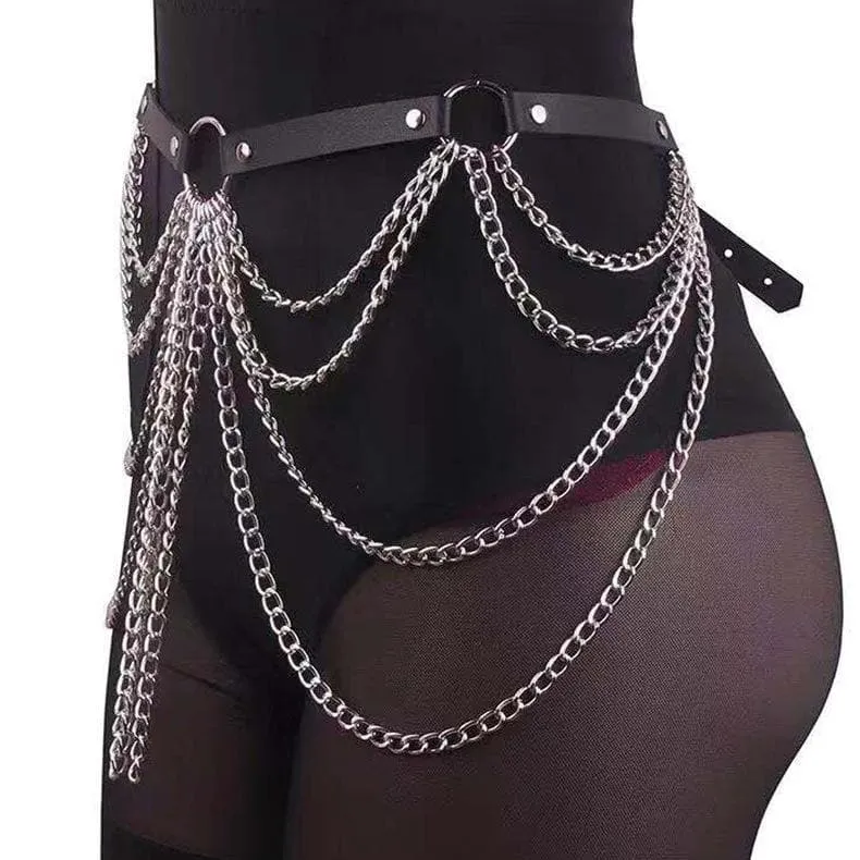 PU leather layered metal chain o ring belt