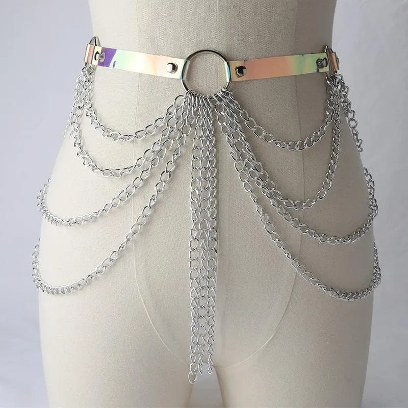 PU leather layered metal chain o ring belt