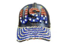 Rhinestone Jeweled USA Design Logo Denim Adjustable Baseball Cap