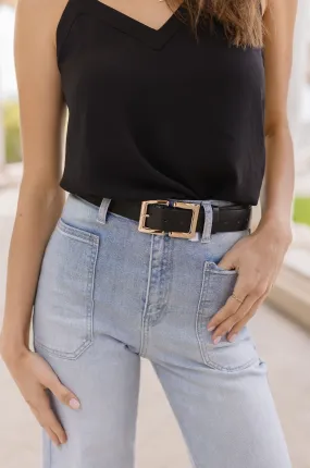 Sarah Double Metal Buckle Vegan Leather Belt Black