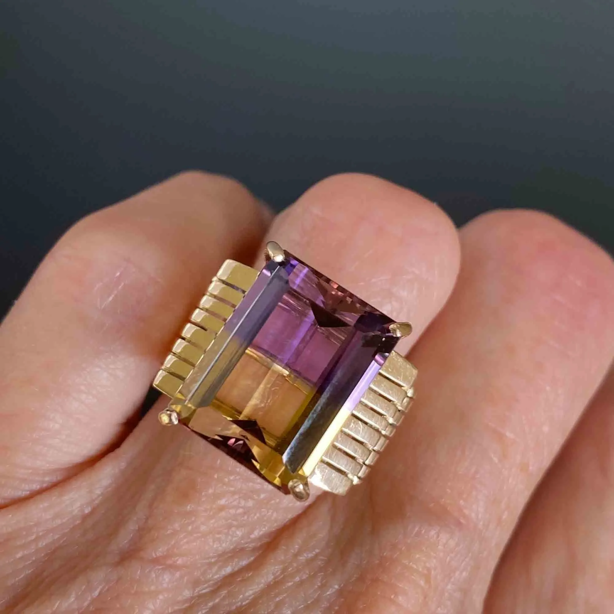 SOLD Retro 14K Gold Large 14 CTW Ametrine Ring, Sz 6
